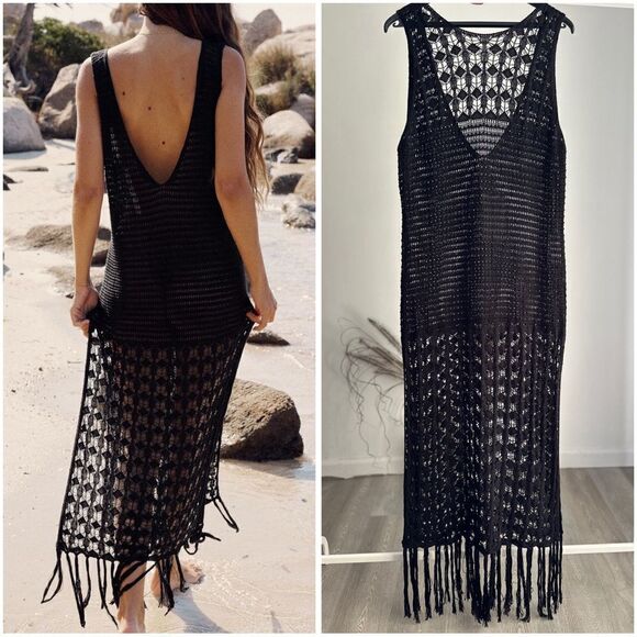 ZARA FRINGED CROCHETED DRESS OPEN BACK NWT M - Picture 1 of 11